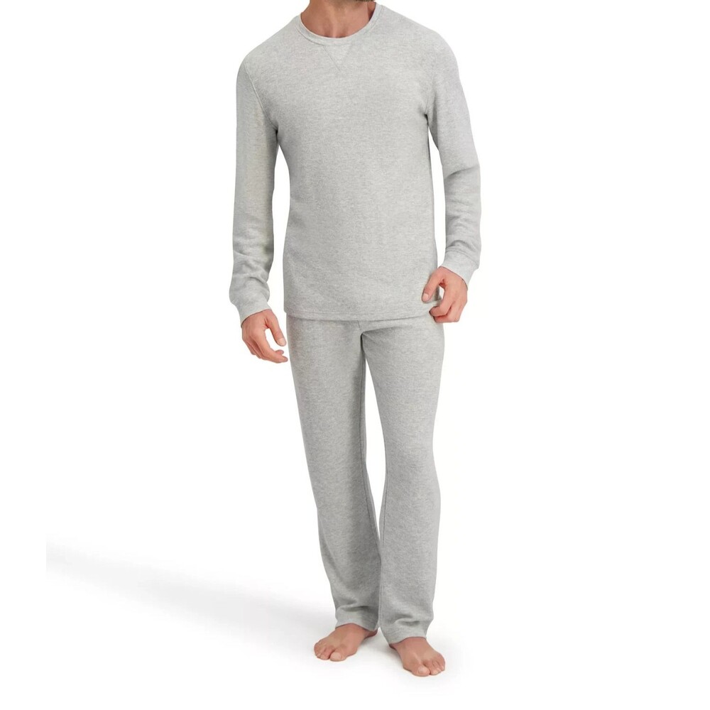 HANES Pajama Set Mens Medium Heather Grey Waffle Knit 2-Piece PJs Sleepwear
